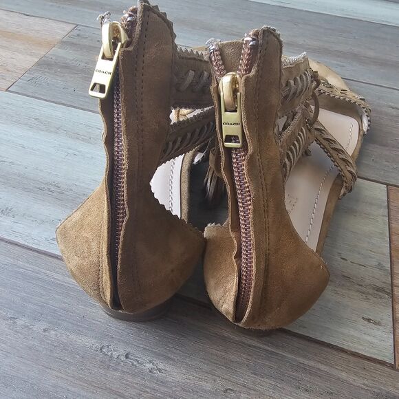 Coach Via Demi Wedge Sandals US 9.5B Brown Suede Lace-Up Gladiator Tassel - Picture 4 of 9